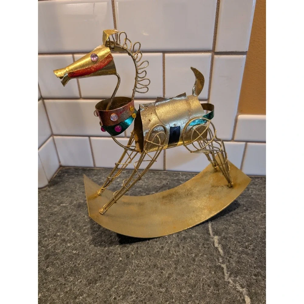 Vintage Metal Rocking Horse Figurine Decor Gold Tone Jeweled Accent